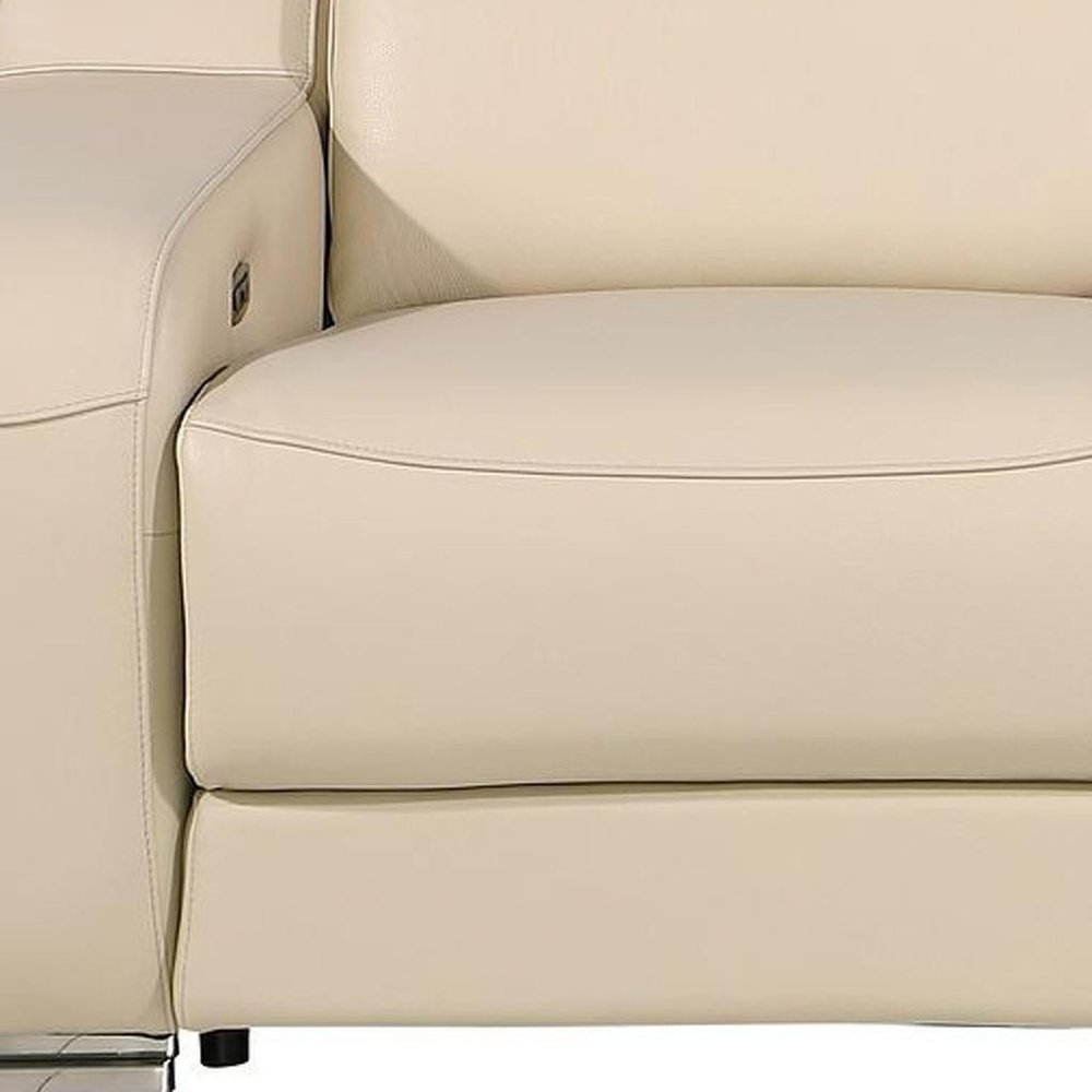 89" Beige and Silver Italian Leather Power Reclining Loveseat With Storage