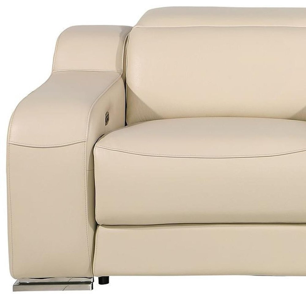 89" Beige and Silver Italian Leather Power Reclining Loveseat With Storage