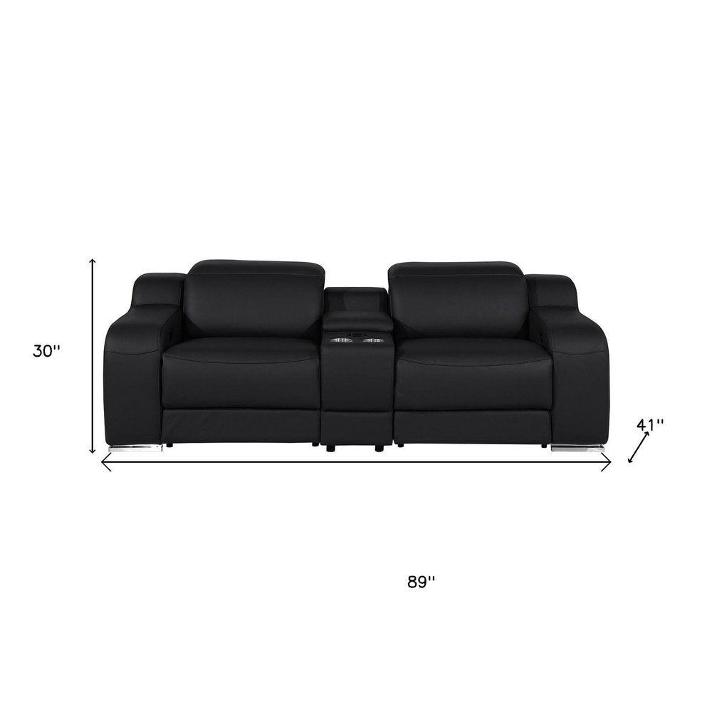 89" Black and Silver Italian Leather Power Reclining Loveseat With Storage