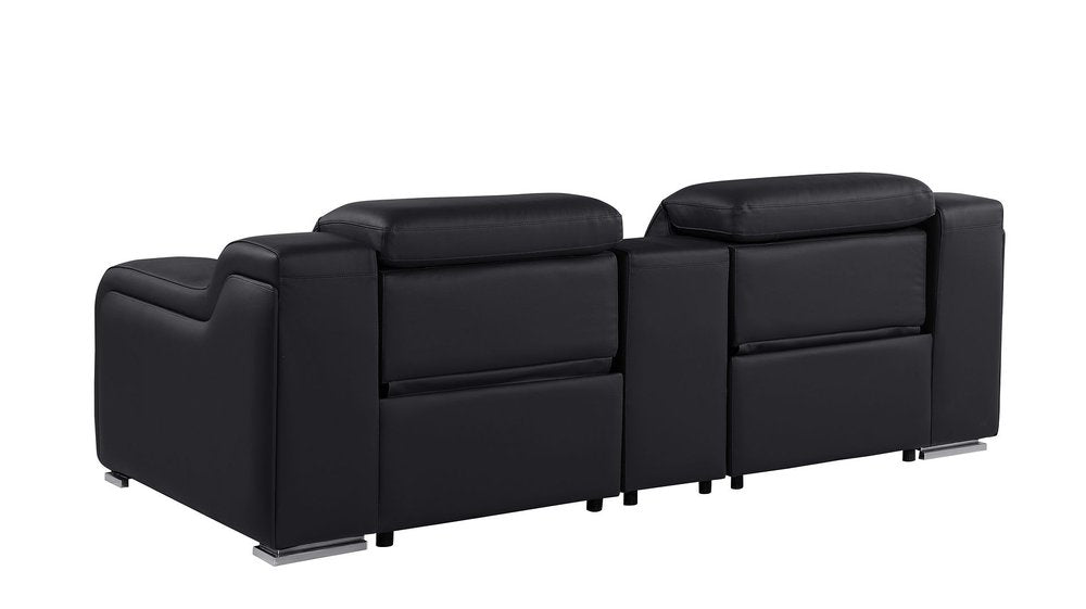 89" Black and Silver Italian Leather Power Reclining Loveseat With Storage