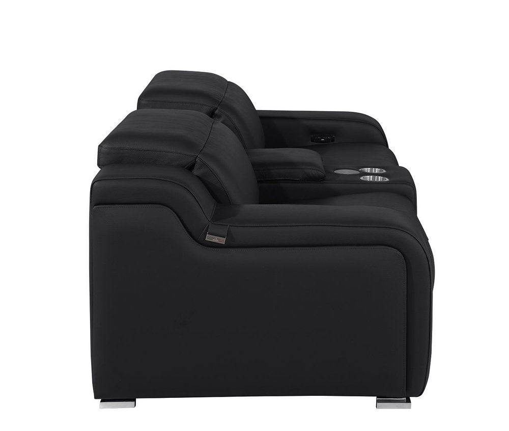 89" Black and Silver Italian Leather Power Reclining Loveseat With Storage