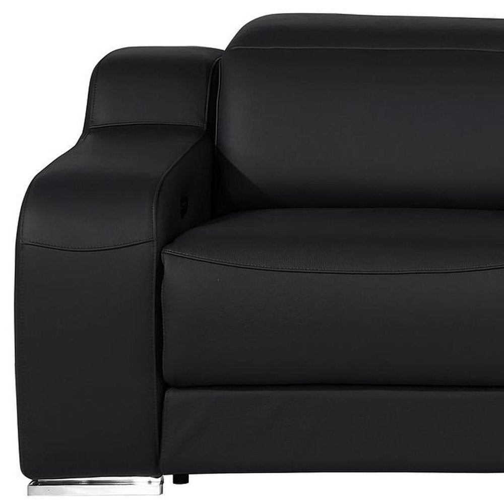 89" Black and Silver Italian Leather Power Reclining Loveseat With Storage
