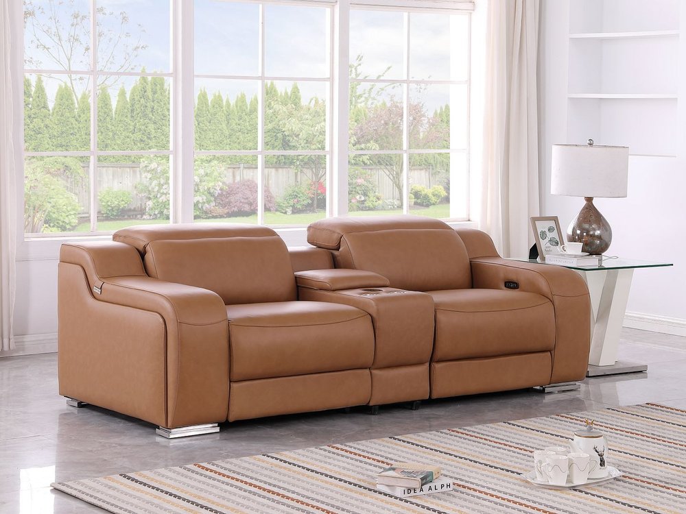 89" Cognac and Silver Italian Leather Power Reclining Loveseat With Storage
