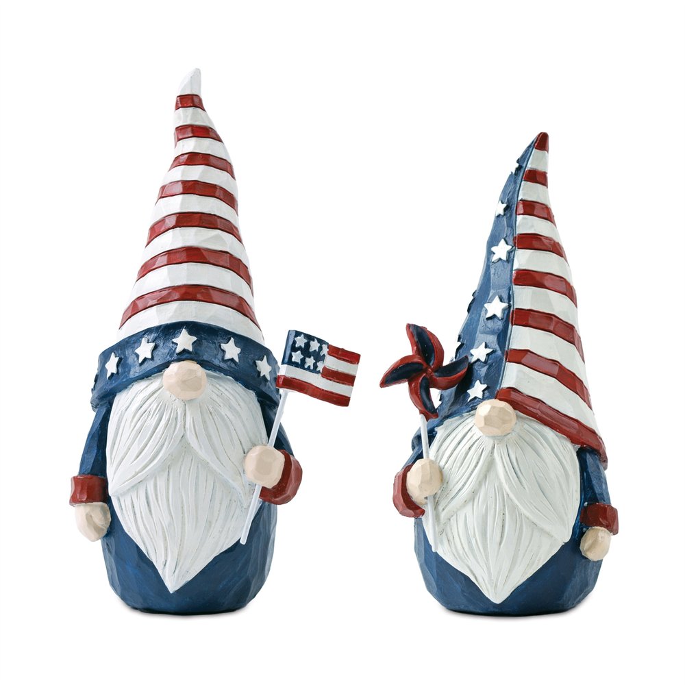 Set of Two Red White And Blue Polyresin Standing Gnomes