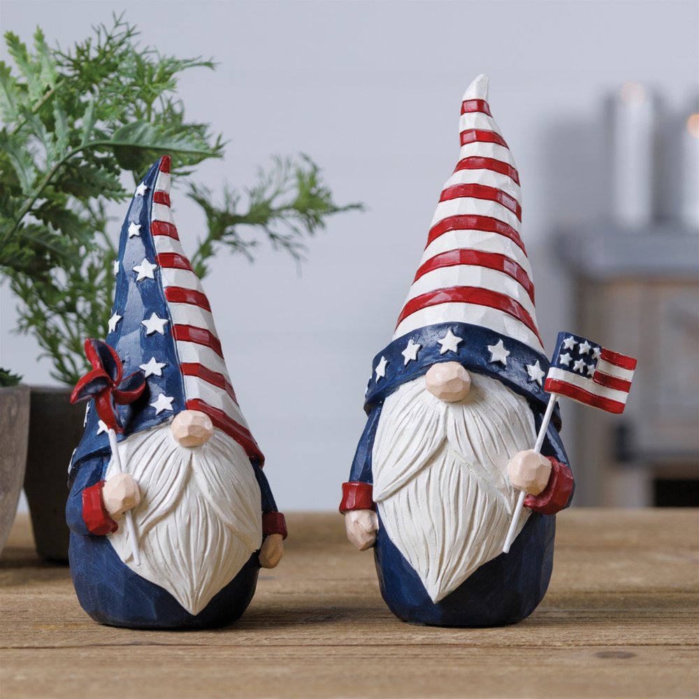 Set of Two Red White And Blue Polyresin Standing Gnomes
