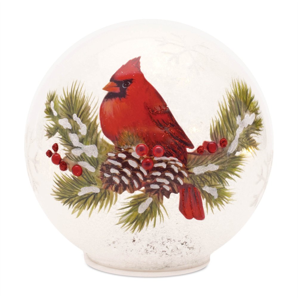 Set of Two White And Red Glass Bird Tabletop Sculpture with LED