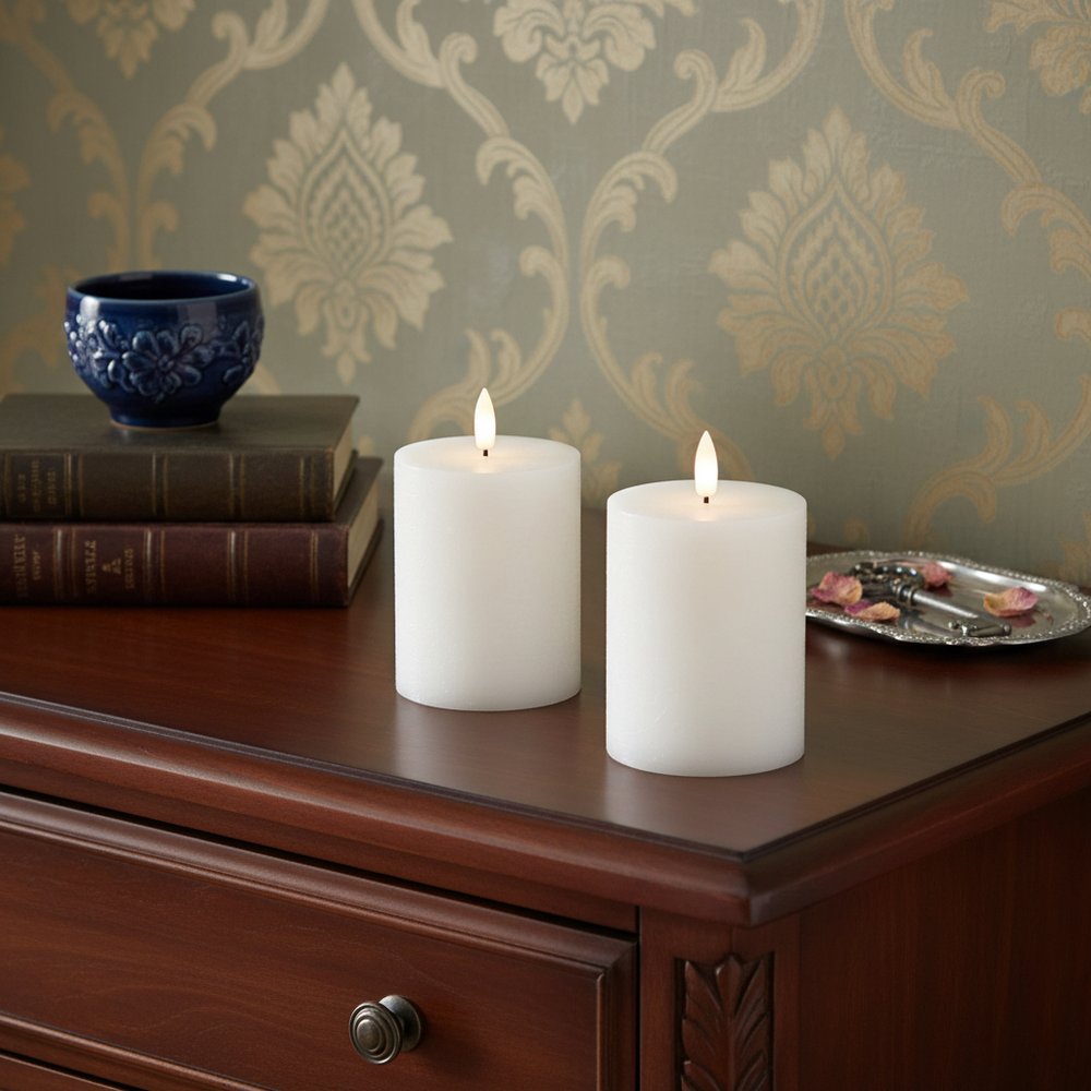 Set of Two White Unscented Candle Flameless Pillar Candles