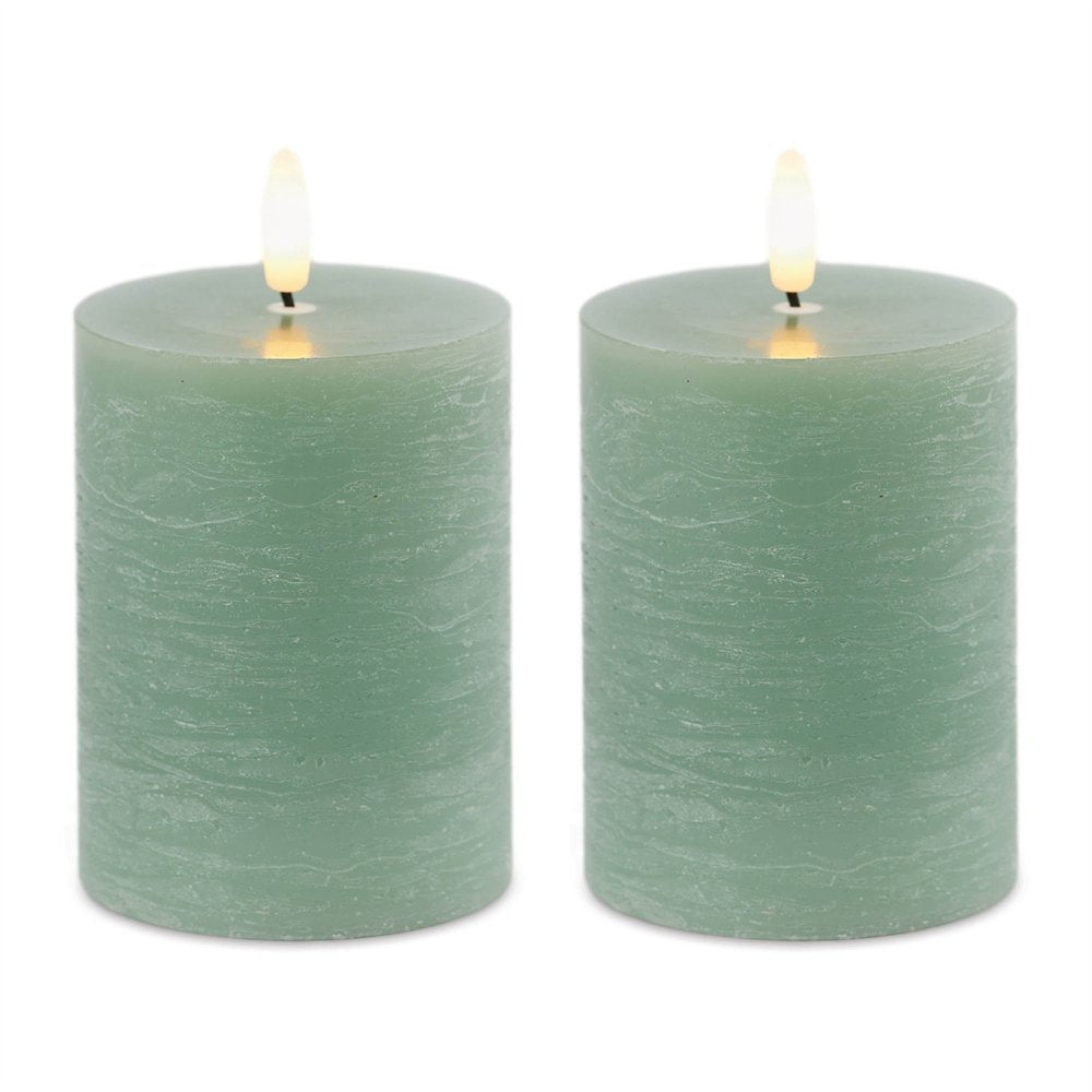Set of Two Green Unscented Candle Flameless Pillar Candles
