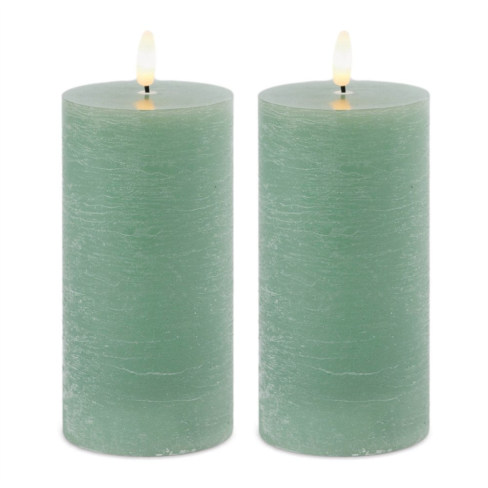 Set of Two Green Unscented Candle Flameless Pillar Candles
