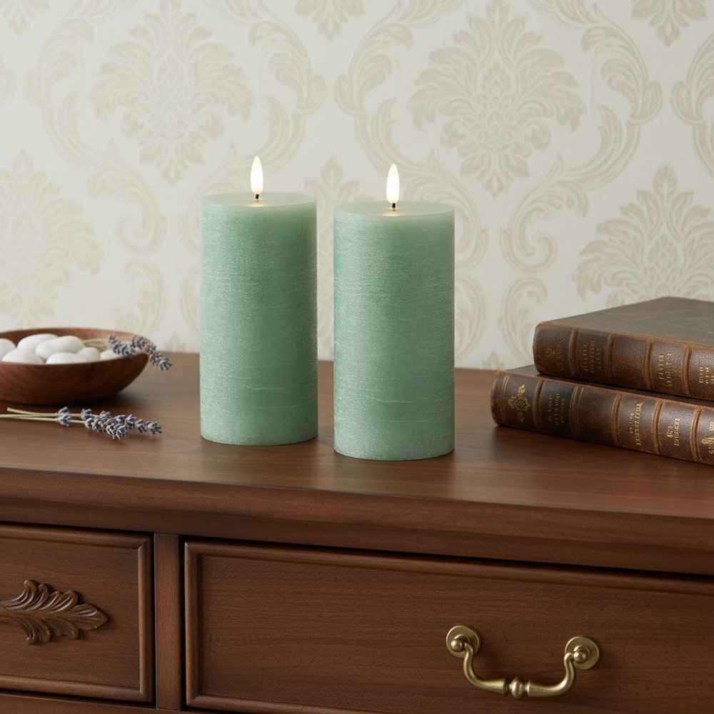 Set of Two Green Unscented Candle Flameless Pillar Candles