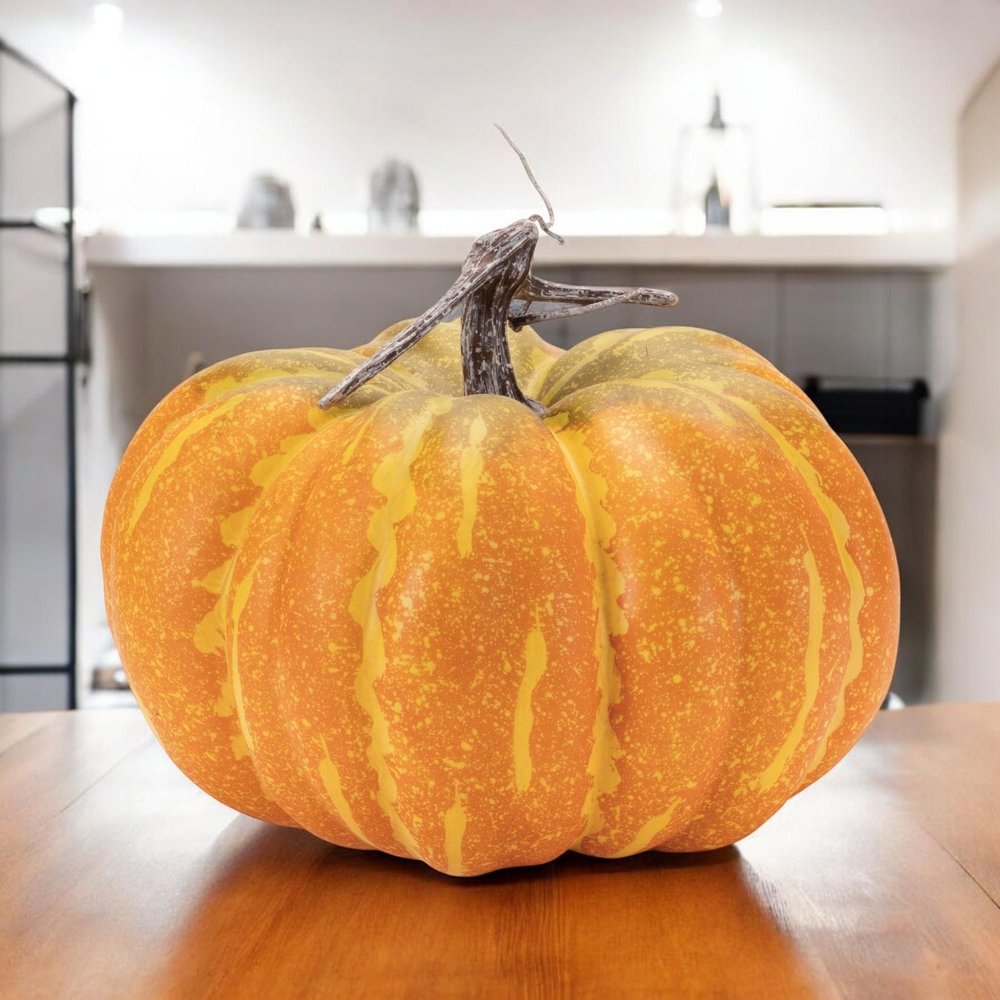 Set of Two Orange And Yellow Plastic Pumpkin Thanksgiving Pumpkin Tabletop Sculpture