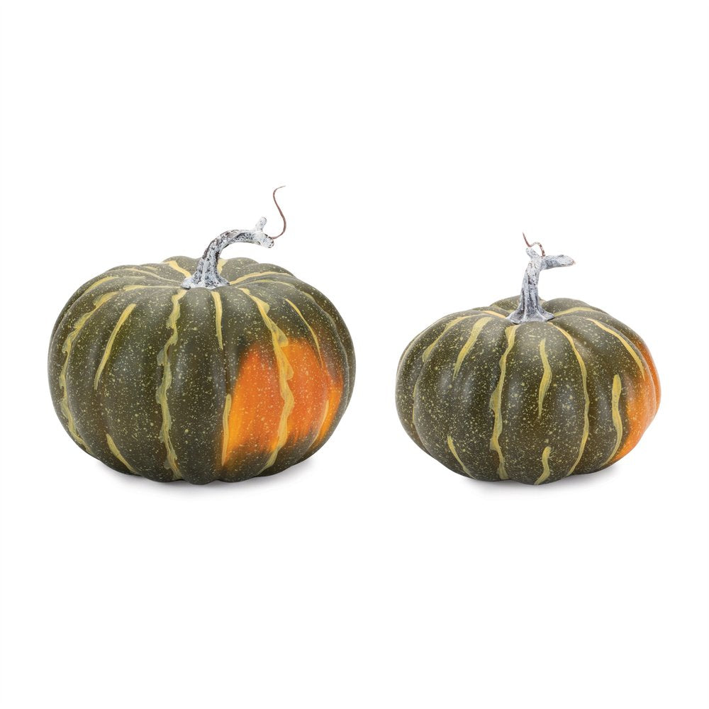 Set of Two Green And Orange Plastic Pumpkin Thanksgiving Pumpkin Tabletop Sculpture