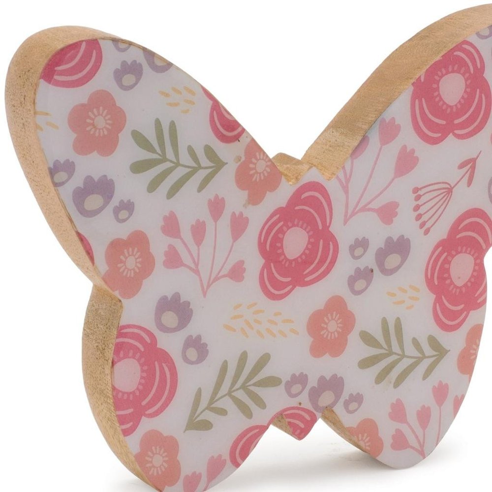 Set of Two White And Pink Wood Butterfly Tabletop Sculptures