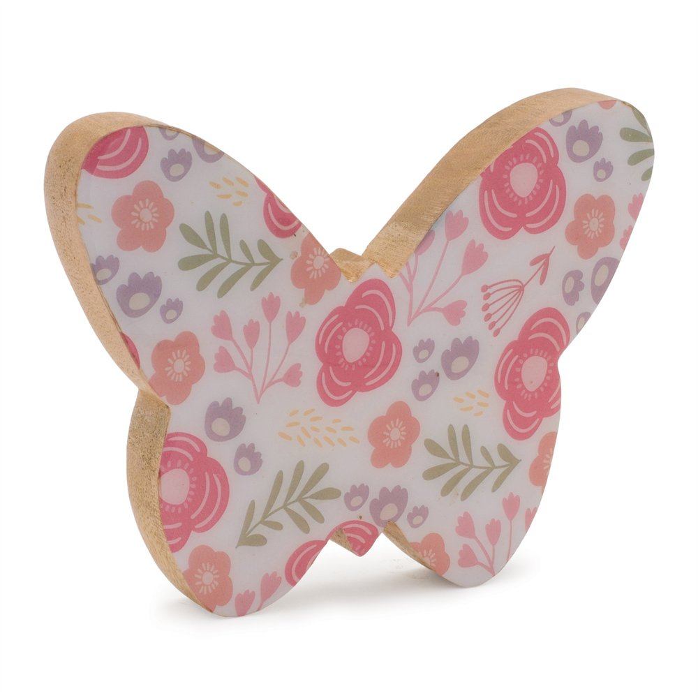 Set of Two White And Pink Wood Butterfly Tabletop Sculptures