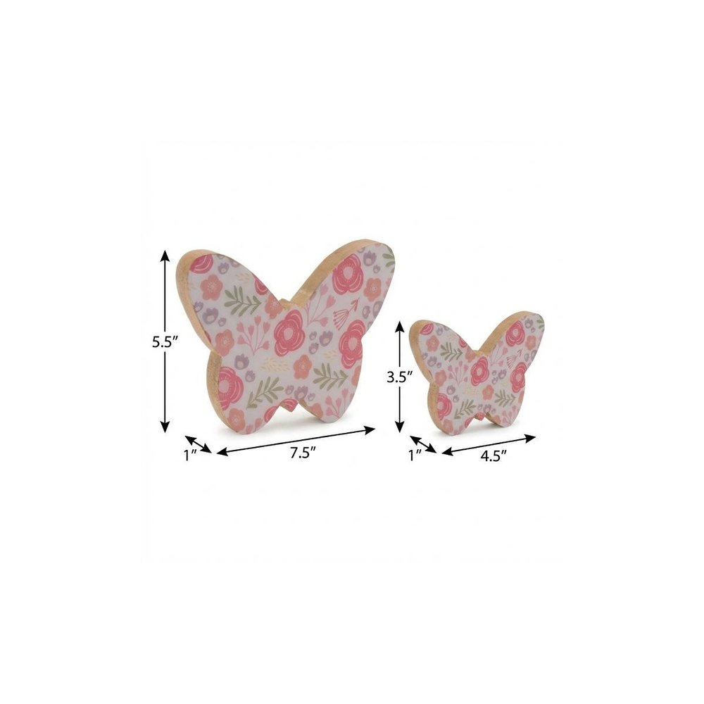 Set of Two White And Pink Wood Butterfly Tabletop Sculptures