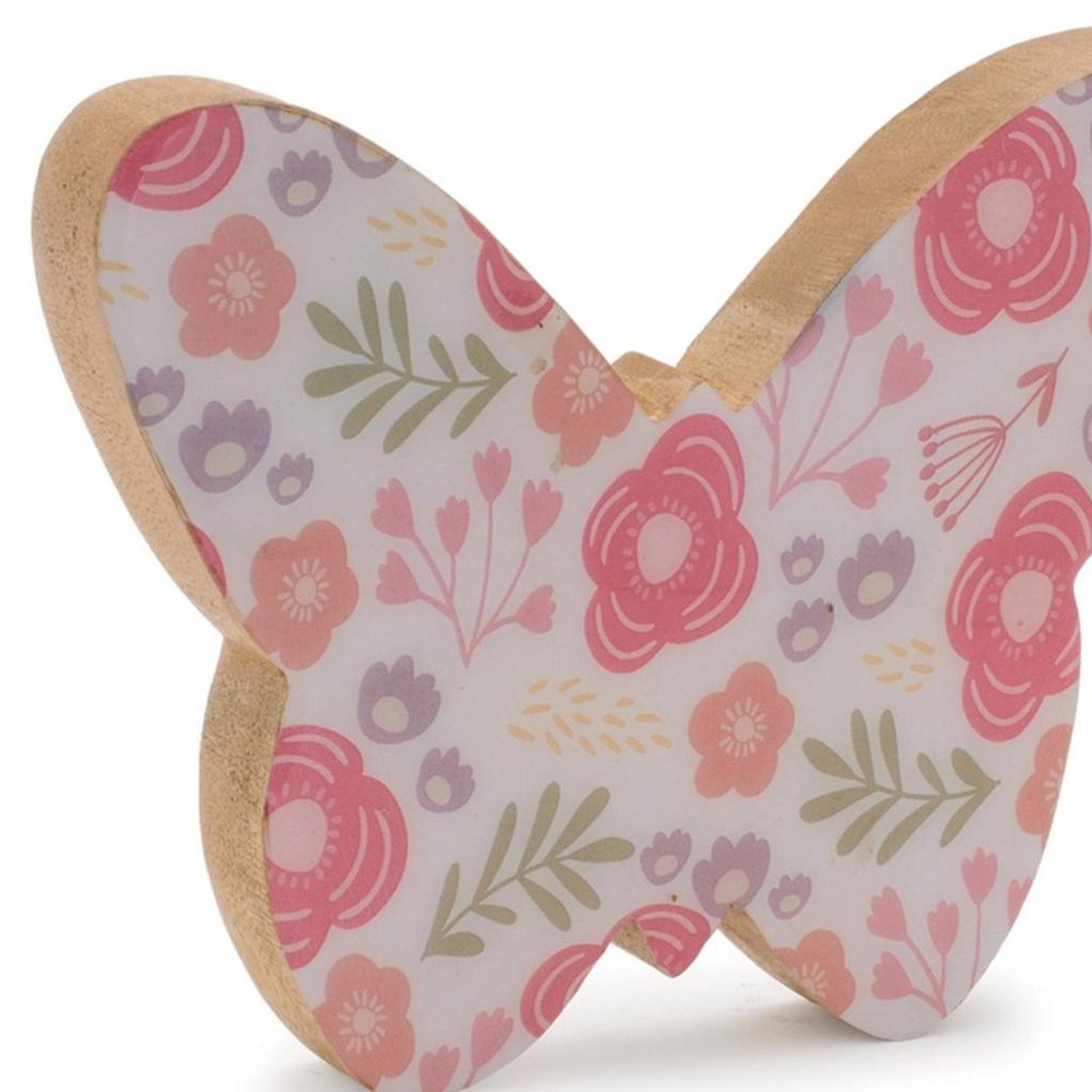 Set of Two White And Pink Wood Butterfly Tabletop Sculptures