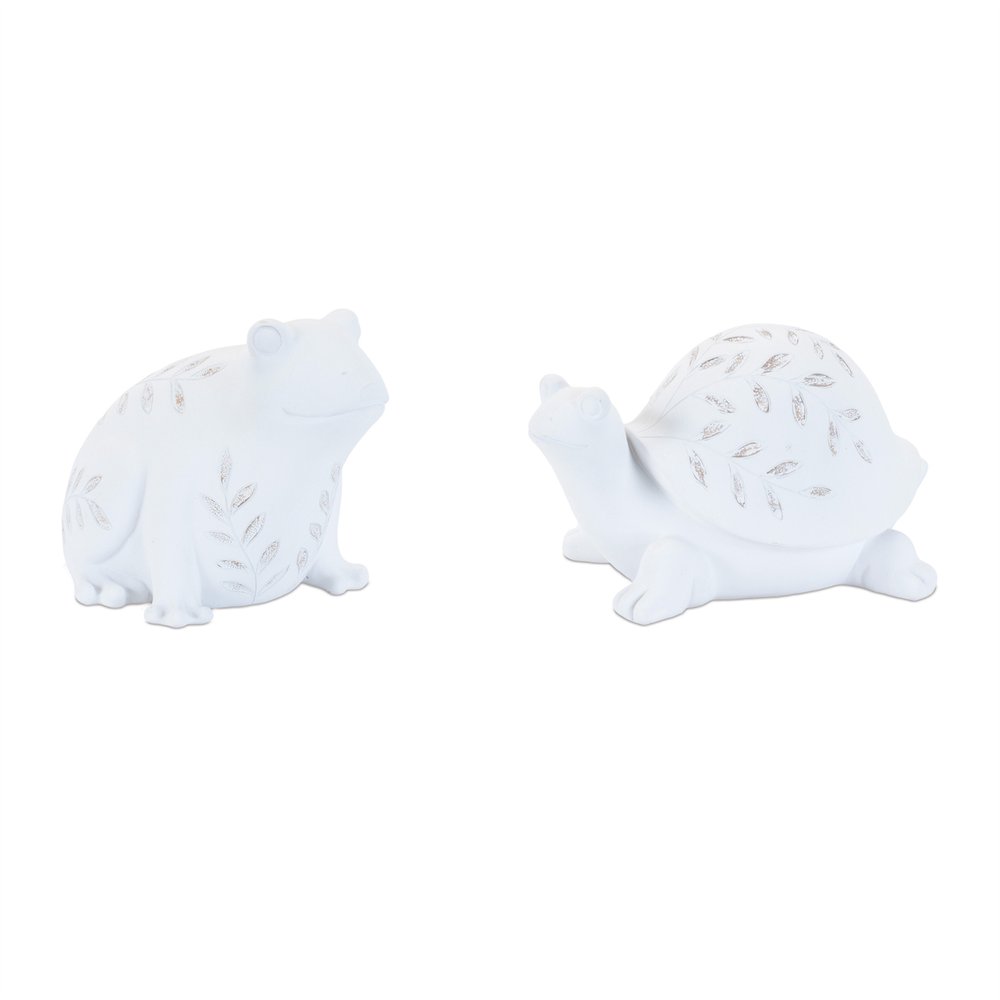 Set of Two White Polyresin Frog And Turtle Figurines
