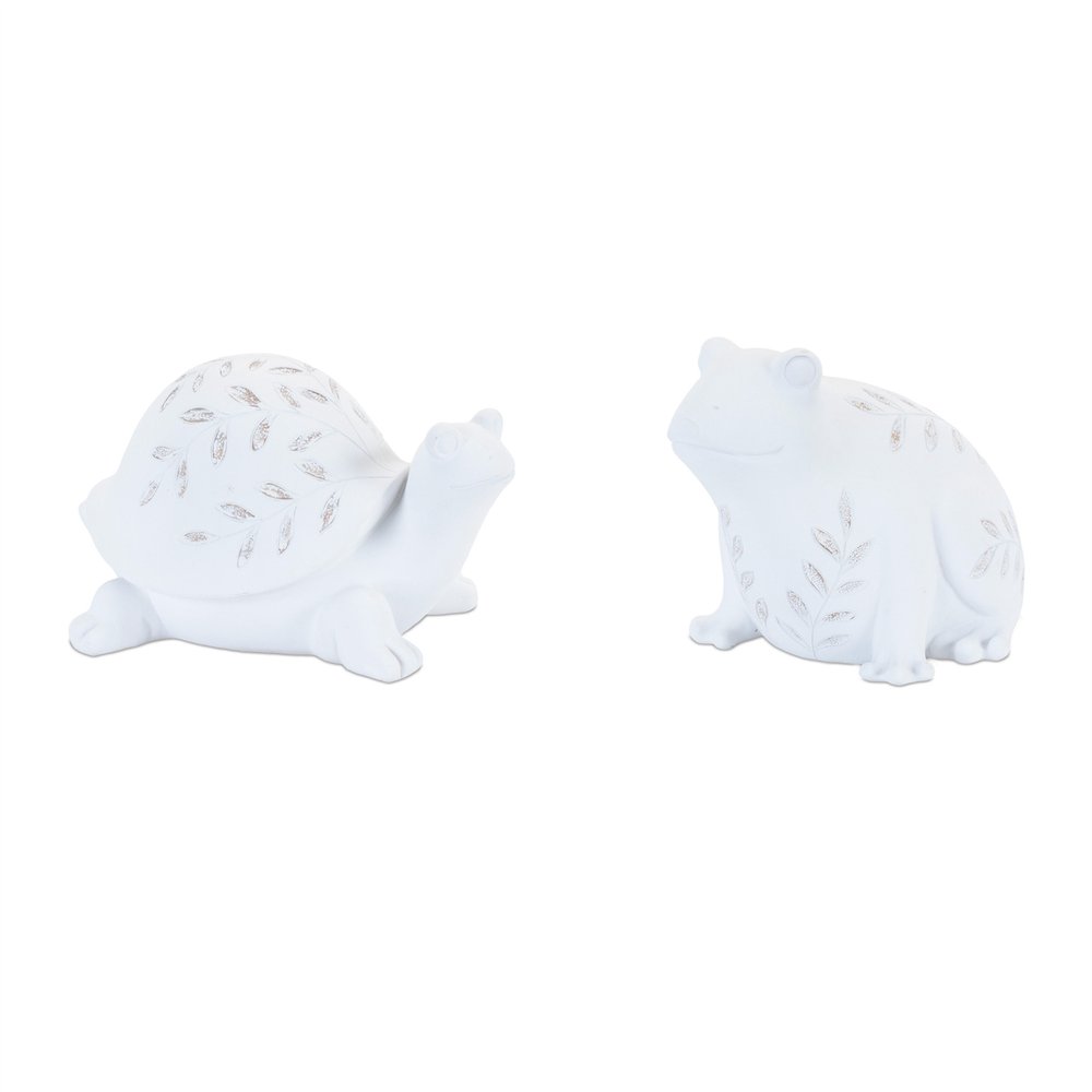 Set of Two White Polyresin Frog And Turtle Figurines