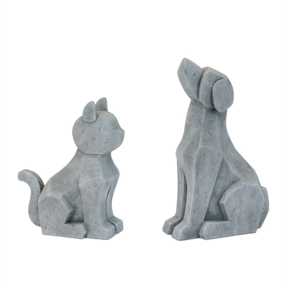 Set of Two Gray Polyresin Cat And Dog Figurines