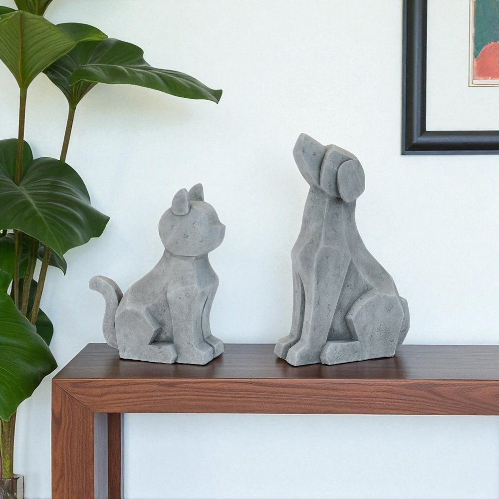 Set of Two Gray Polyresin Cat And Dog Figurines