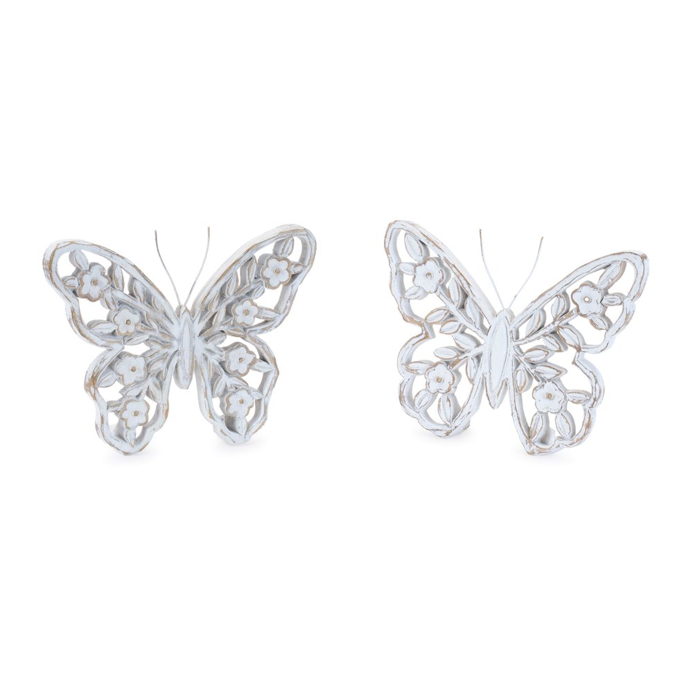 Set of Two White And Beige Polyresin Butterfly Tabletop Sculptures