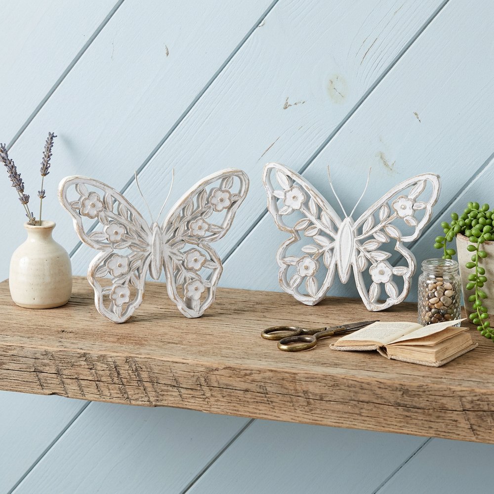 Set of Two White And Beige Polyresin Butterfly Tabletop Sculptures