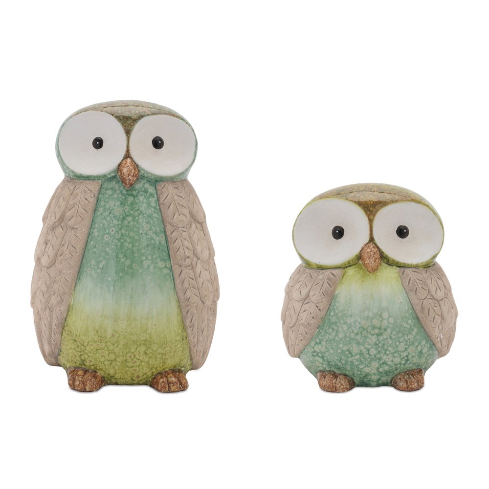 Set of Two Green And Blue Terracotta Owl Tabletop Sculpture