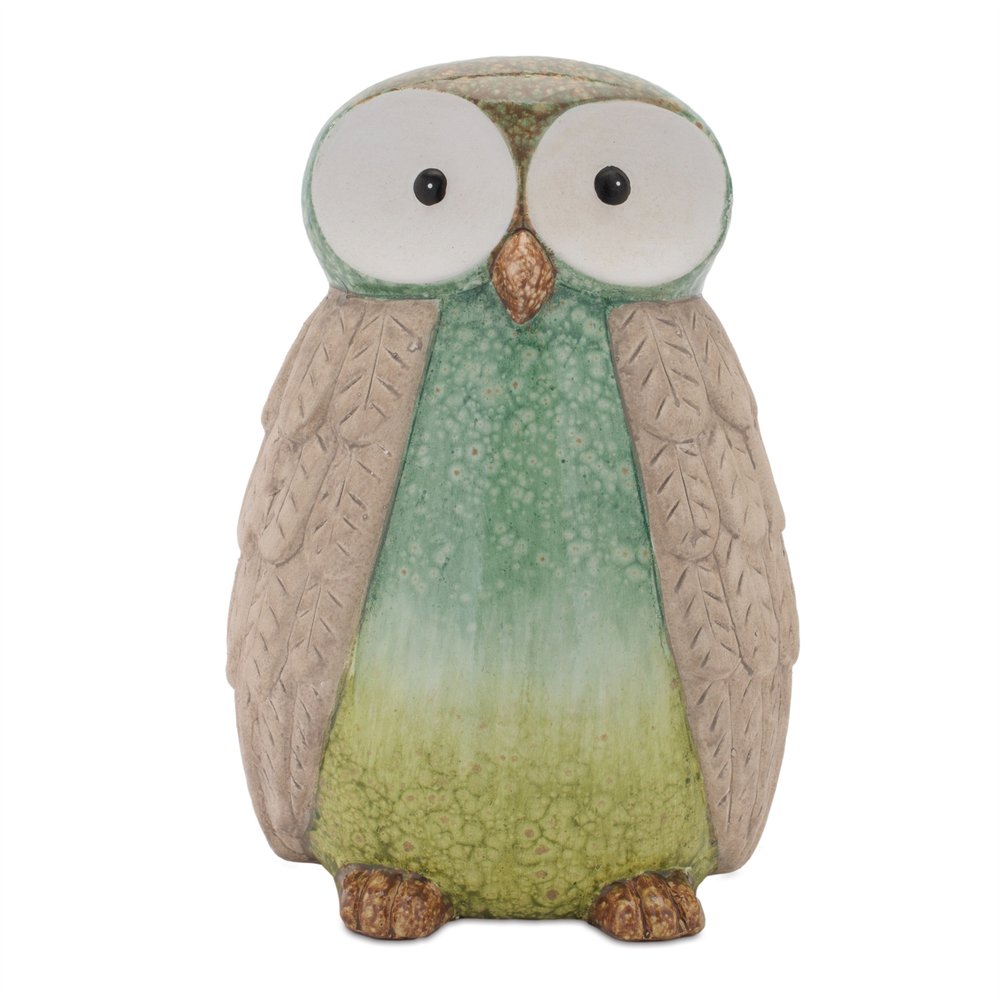 Set of Two Green And Blue Terracotta Owl Tabletop Sculpture