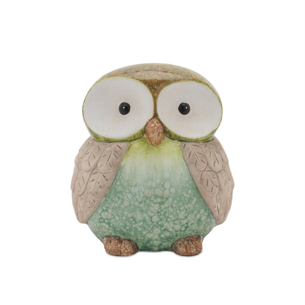 Set of Two Green And Blue Terracotta Owl Tabletop Sculpture