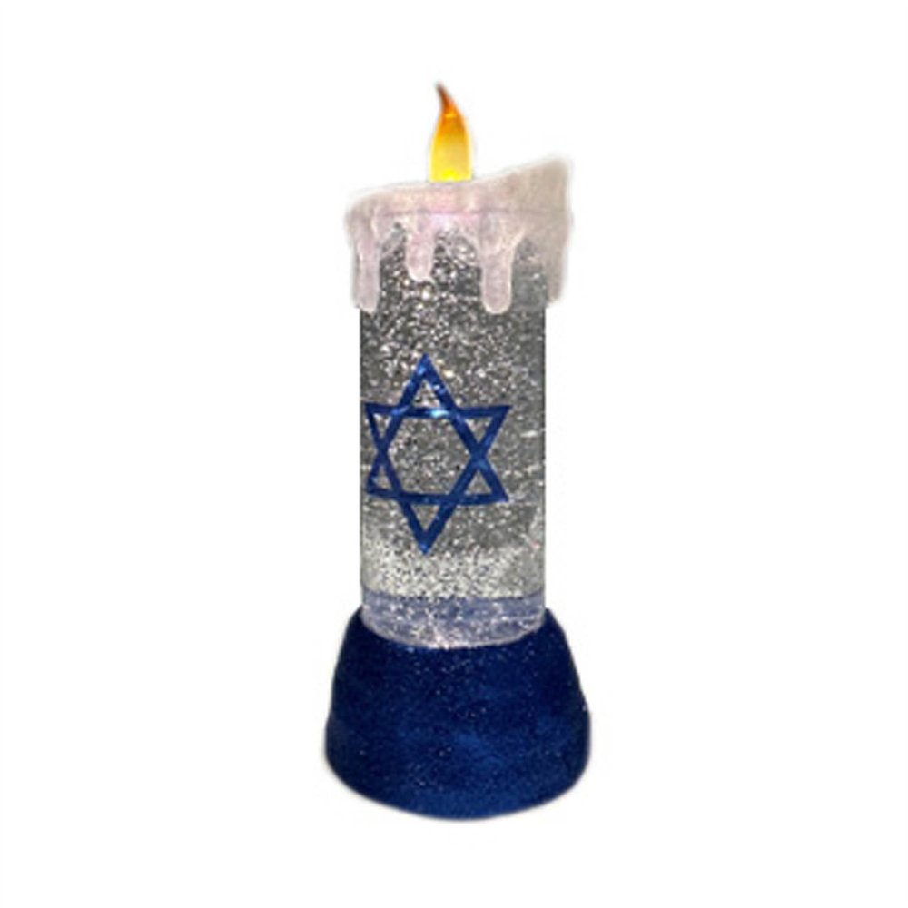 10" Blue And White Flameless Hanukkah Pillar Candle With Snow Globe