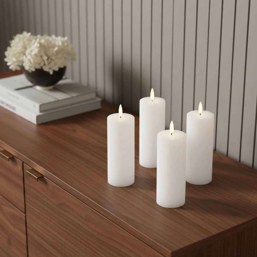 Set of Four White Unscented Candle Flameless Pillar Candles