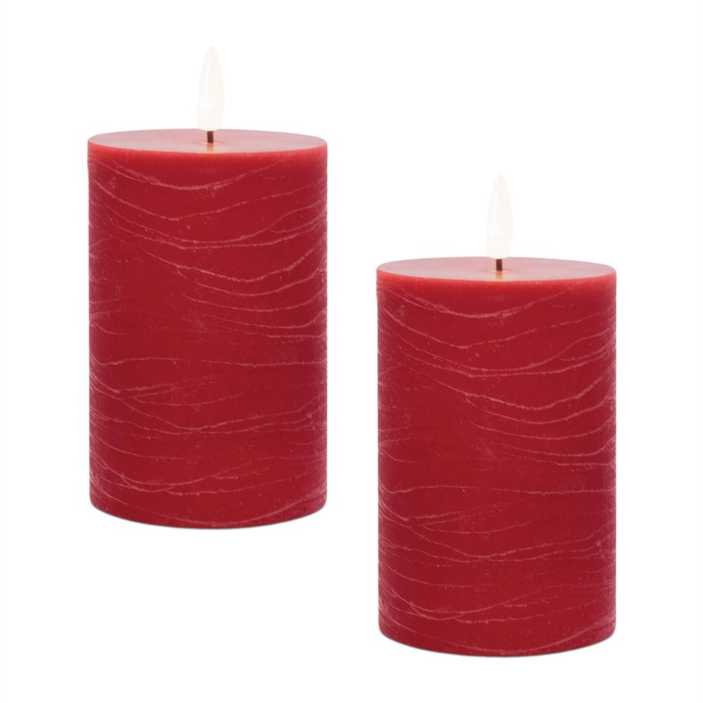 Set of Two Red Unscented Candle Flameless Pillar Candles