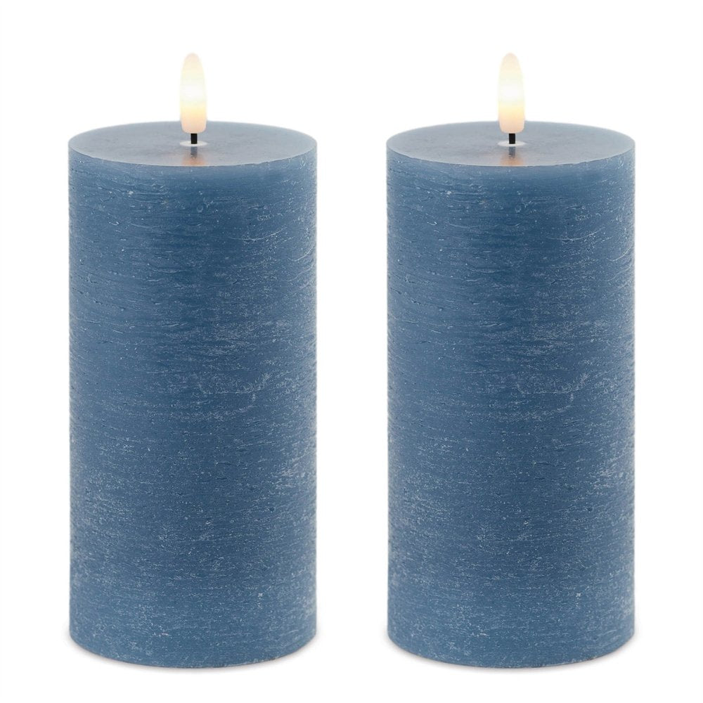 Set of Two Blue Unscented Flameless Candle Pillar Candles