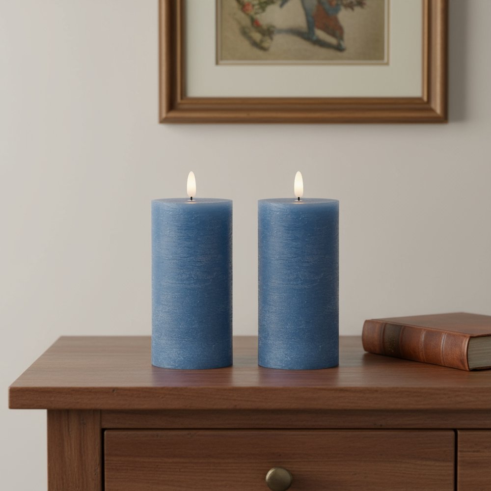 Set of Two Blue Unscented Flameless Candle Pillar Candles