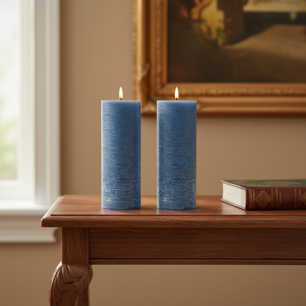 Set of Two Blue Unscented Candle Flameless Pillar Candles