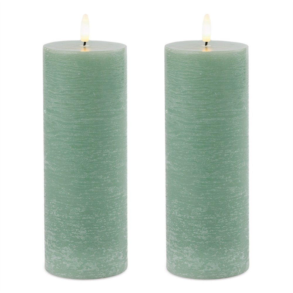 Set of Two Green Unscented Candle Flameless Pillar Candles