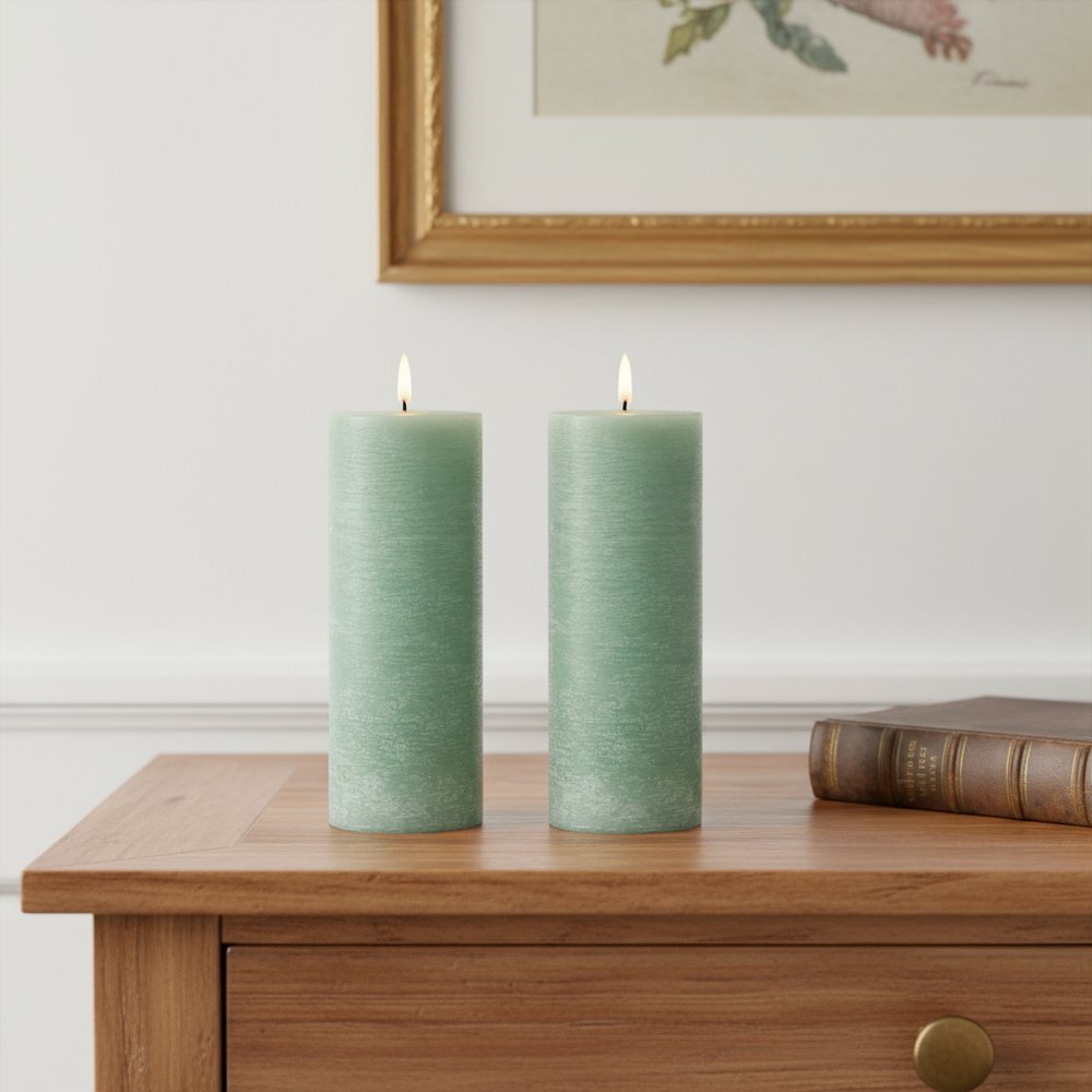 Set of Two Green Unscented Candle Flameless Pillar Candles