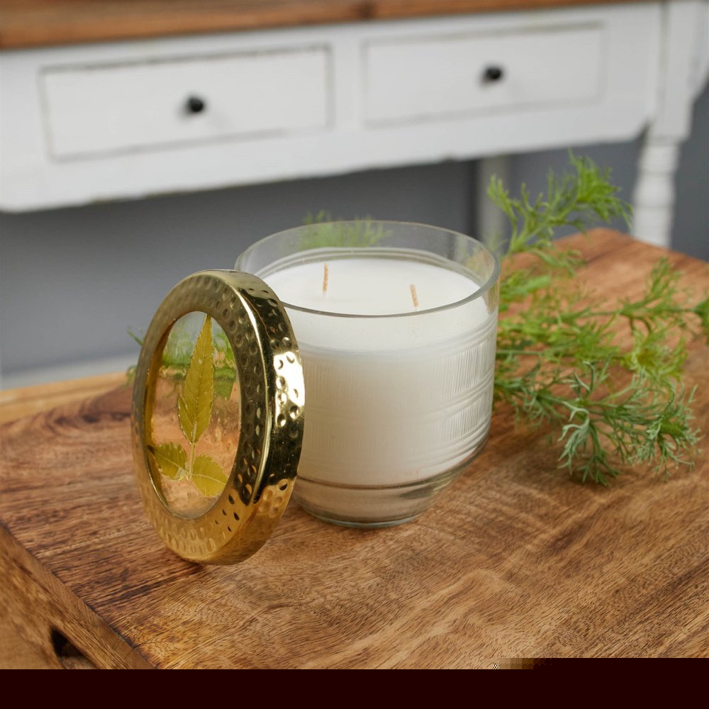 4" White Currant Scented Two Wick Candle In Clear And Gold Glass Holder