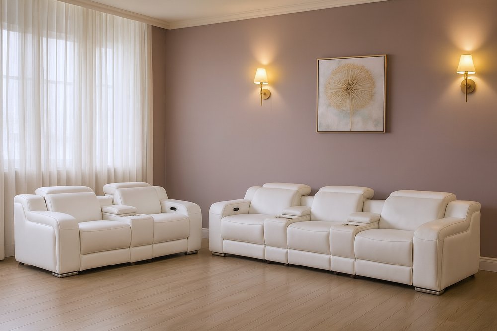 Two Piece White Leather Five Person Seating Set