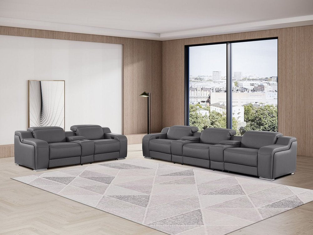 Two Piece Dark Gray Leather Five Person Seating Set