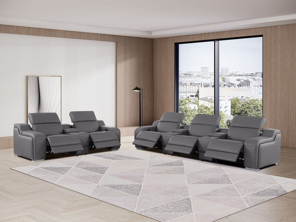 Two Piece Dark Gray Leather Five Person Seating Set