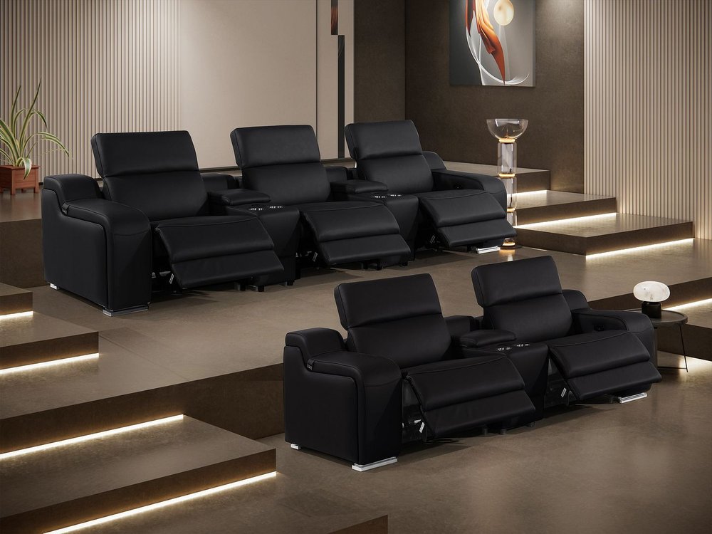 Two Piece Black Leather Five Person Seating Set
