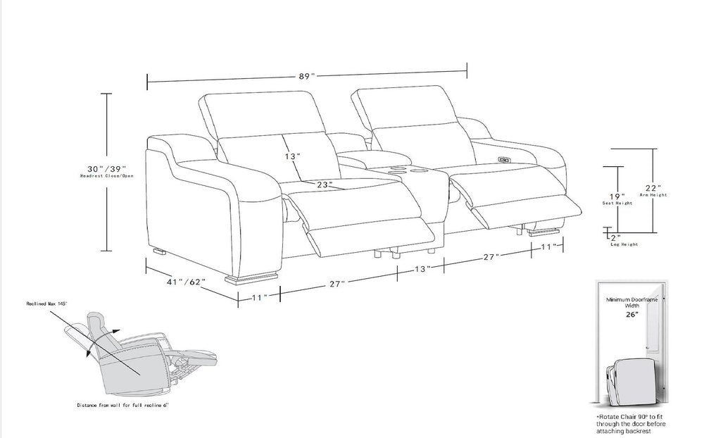Two Piece Black Leather Five Person Seating Set