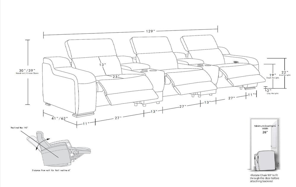 Two Piece Black Leather Five Person Seating Set