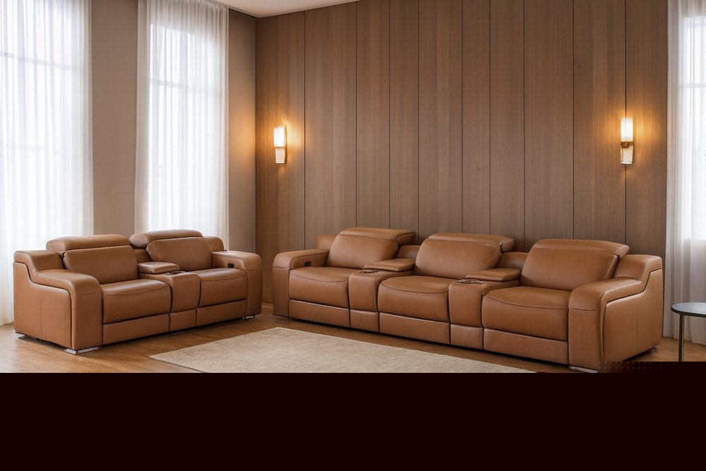 Two Piece Chestnut Leather Five Person Seating Set