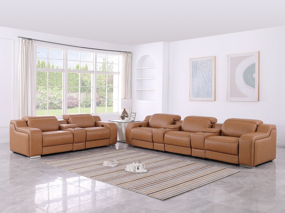 Two Piece Chestnut Leather Five Person Seating Set