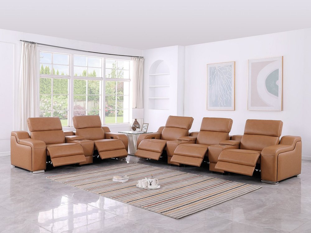 Two Piece Chestnut Leather Five Person Seating Set