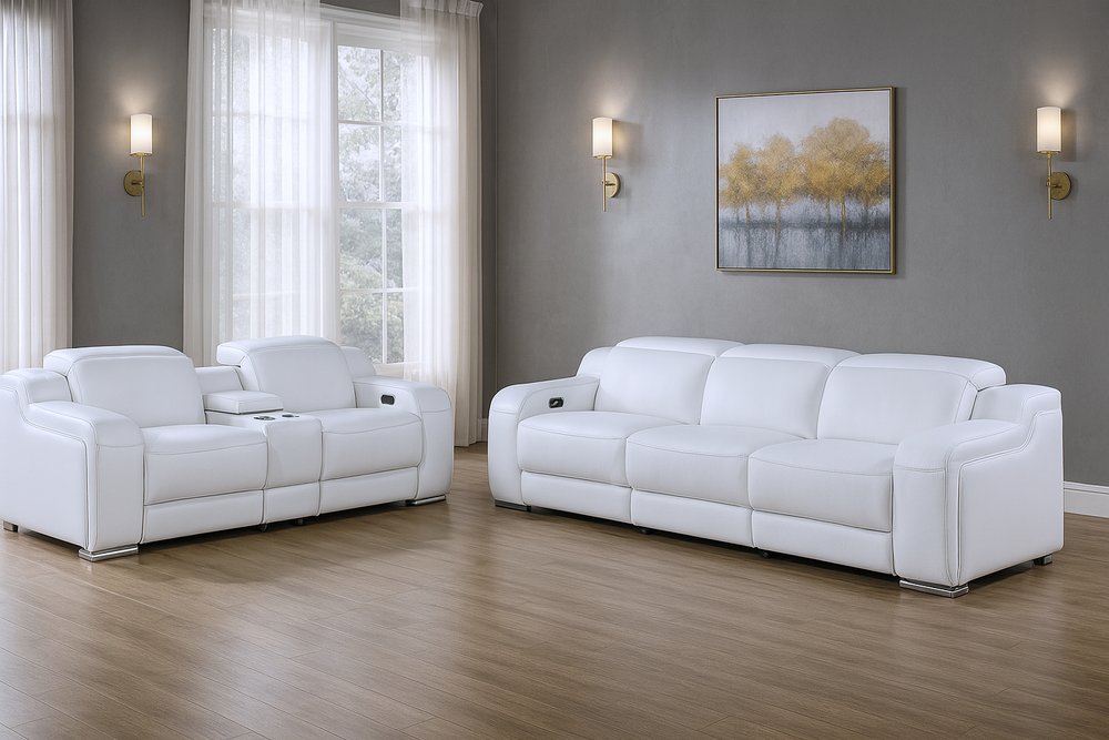 Two Piece White Leather Five Person Seating Set