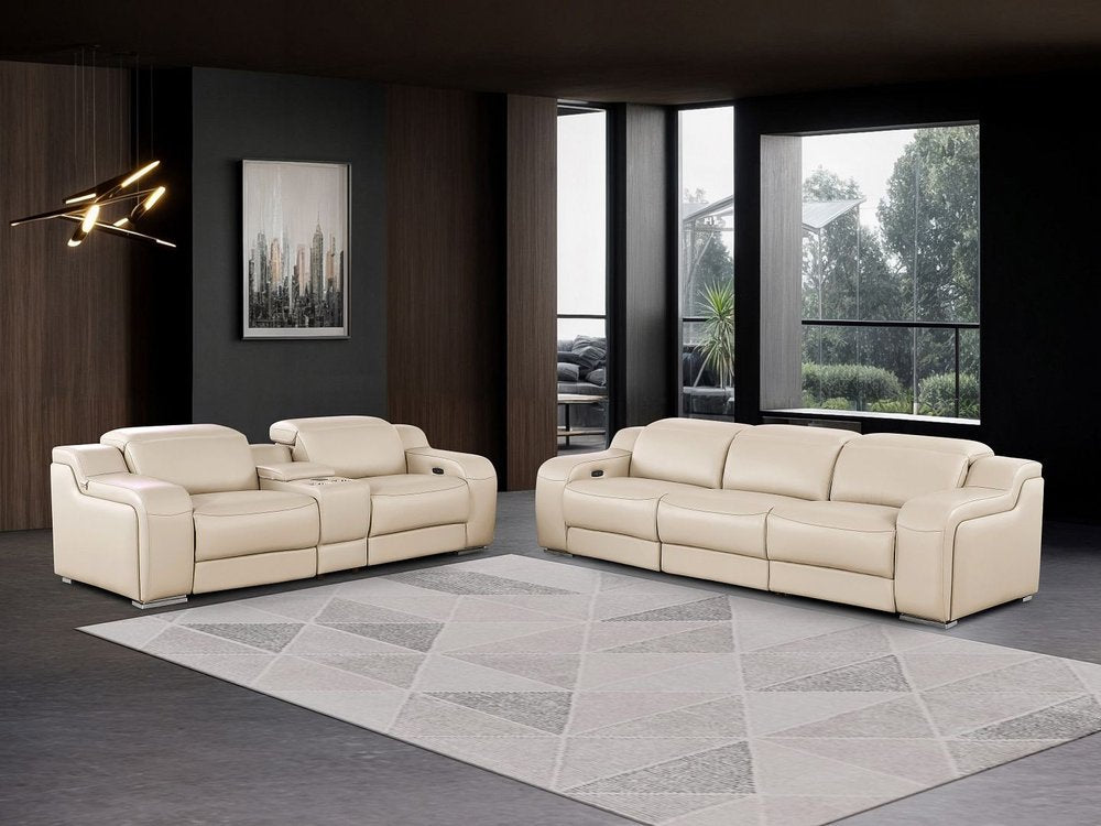 Two Piece Beige Leather Five Person Seating Set
