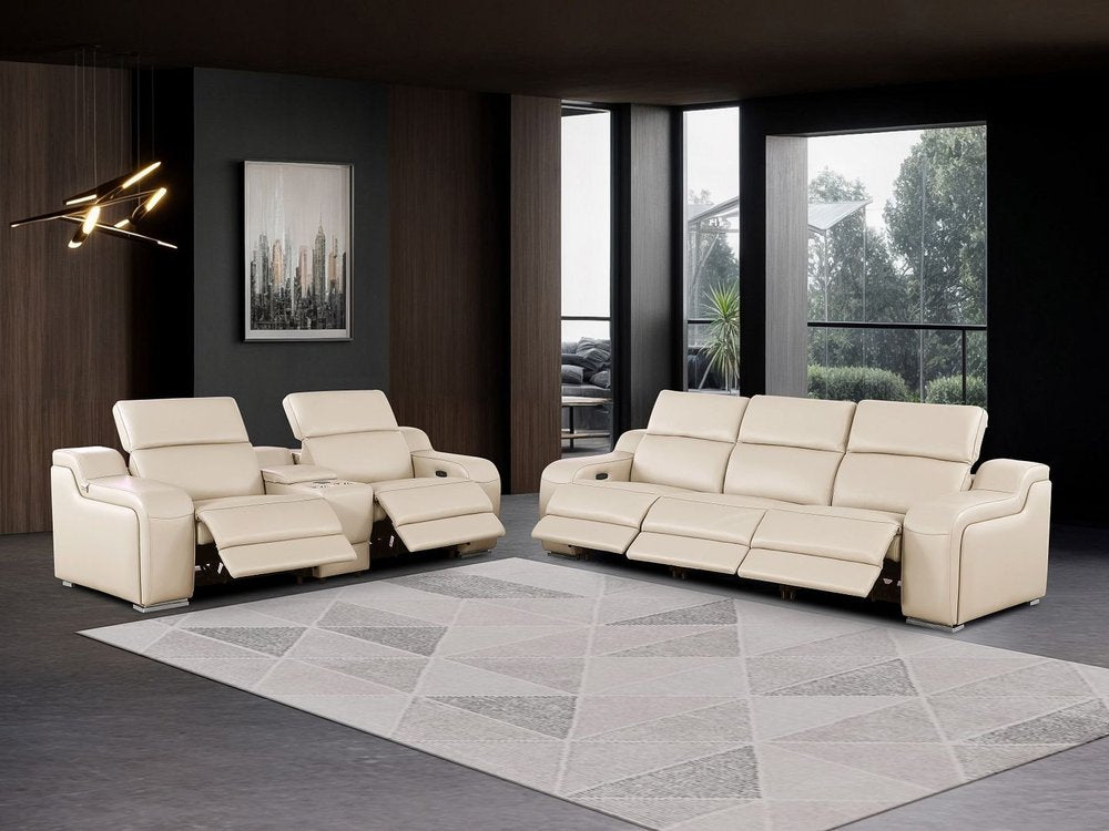 Two Piece Beige Leather Five Person Seating Set